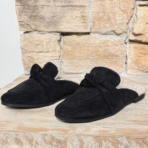 Steve Madden Black Suede Knot Mule Slippers Faux Fur Lined Size 7.5